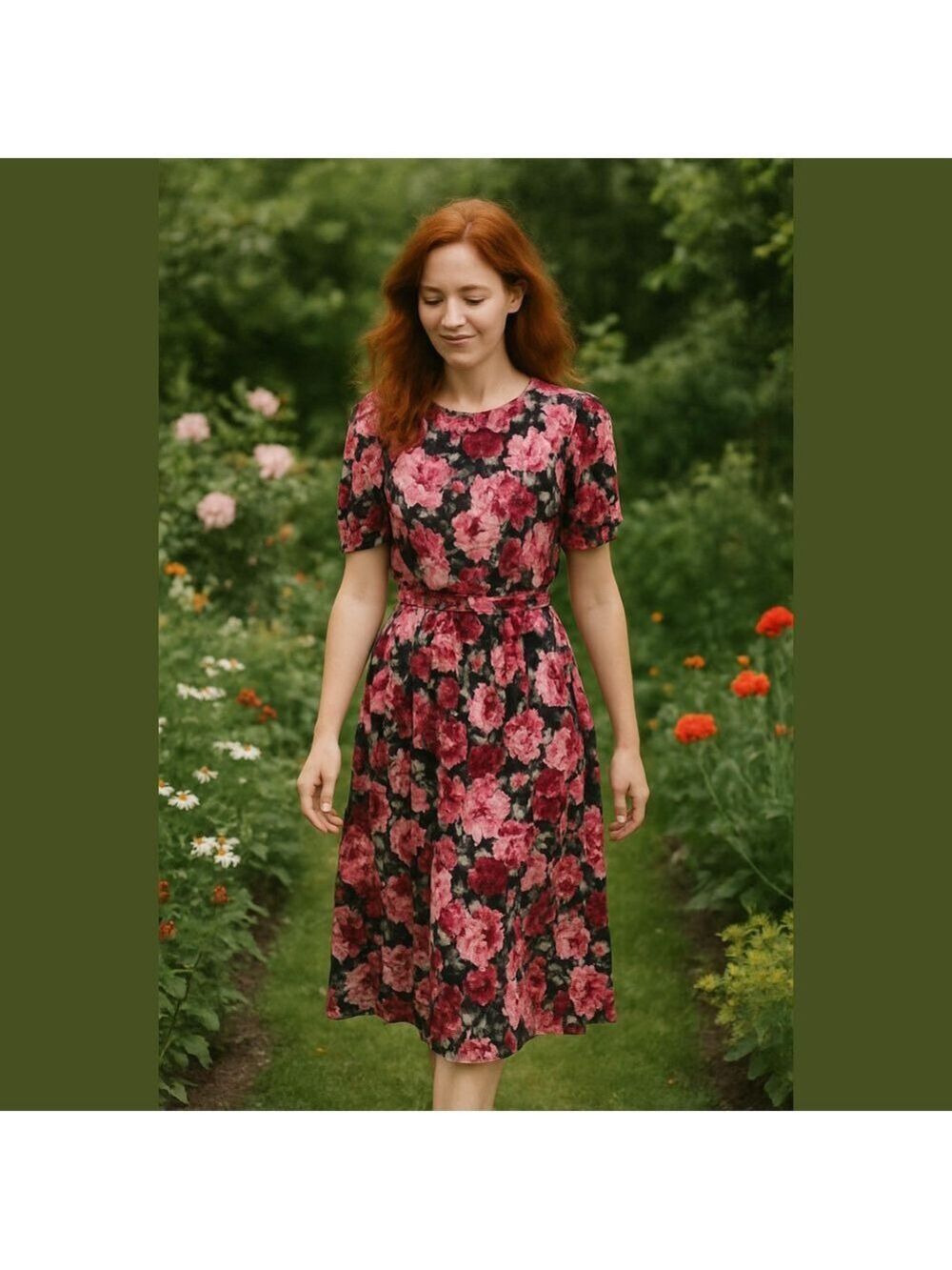 Vintage 80s Rose Garden Belted Dress 90s  cottagecore granny grandma floral
